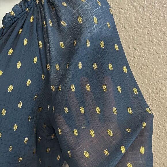 #542 Blu Pepper navy blue gold leaf, long sleeve, Boho style dress size medium - Picture 6 of 11